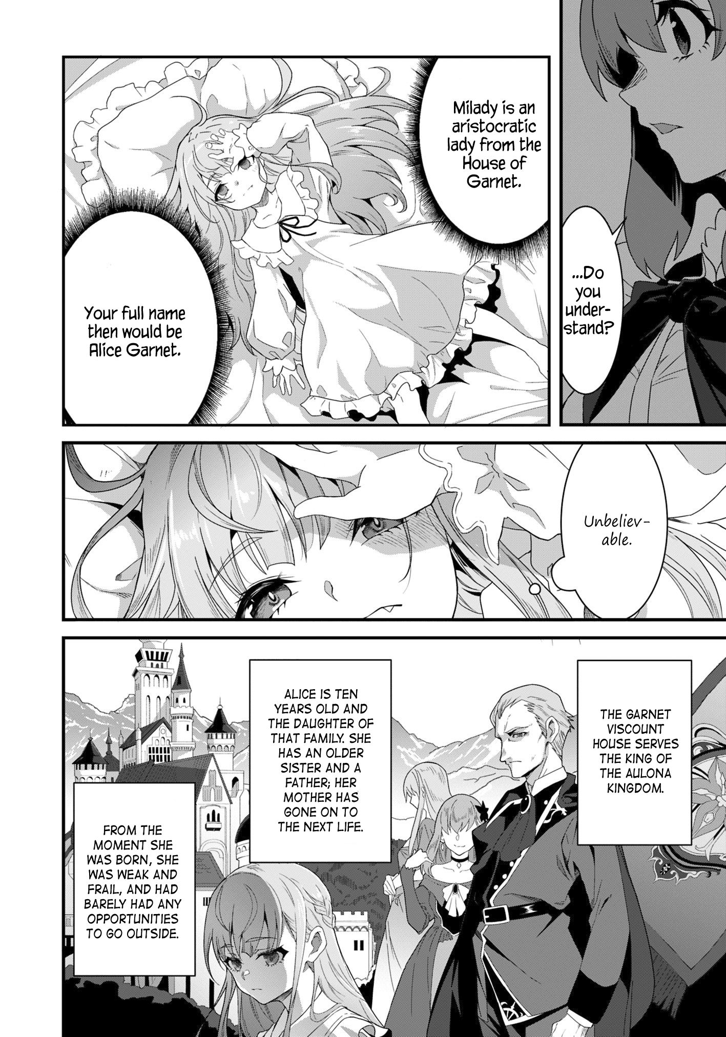 Halaman dari Reijou Alice no Eiyuutan: Kizoku no Shoujo ni Tensei shita Eiyuu wa Yagate Saikyou to nari Hitobito wo Sukuu tame Musou suru Chapter 1